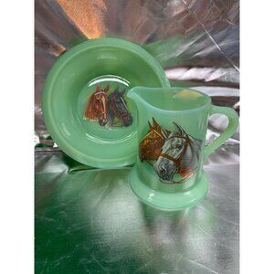 Vintage Jadeite Creamer & Bowl Set Horse Motif Dining Children Cereal Soup
